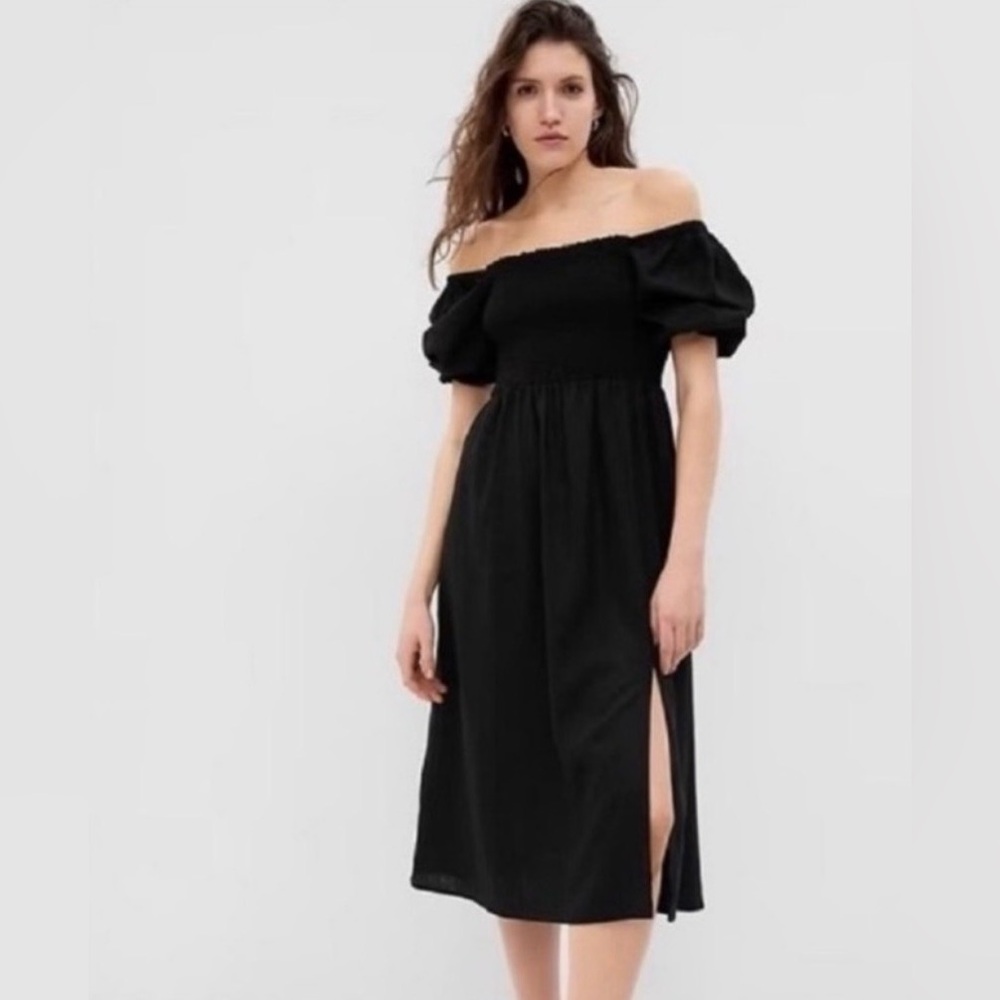 Gap Linen Puff Sleeve Maxi Dress Black Large